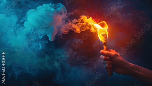 Dynamic Flaming Torch Held in Hand With Colorful Smoke