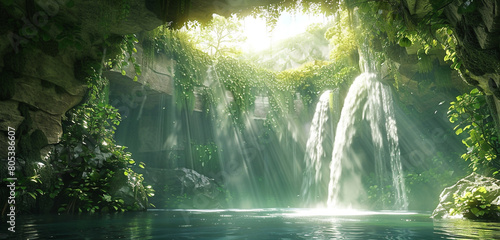 An expansive view of a tranquil waterfall flowing through a verdant rainforest. Sunlight filters through the canopy, illuminating the myriad shades of green and the shimmering water,