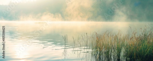 Misty lake view at sunrise in the morning