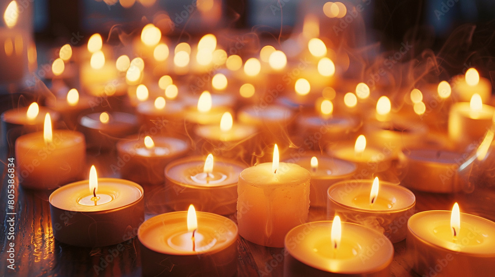 Close-Up View of Many Candles Burning with Warm Glow Close-Up View of Many Candles Burning with Warm Glow