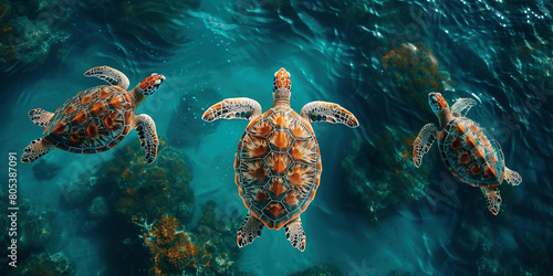 Three Sea Turtles Swimming in a Blue Ocean from an Aerial View