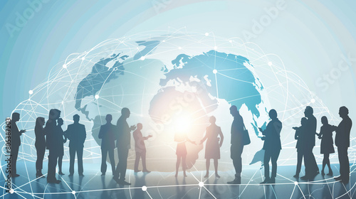 A group of people are standing around a globe  with the sun shining on them. Concept of unity and collaboration  as the people are all connected by the globe and the sun
