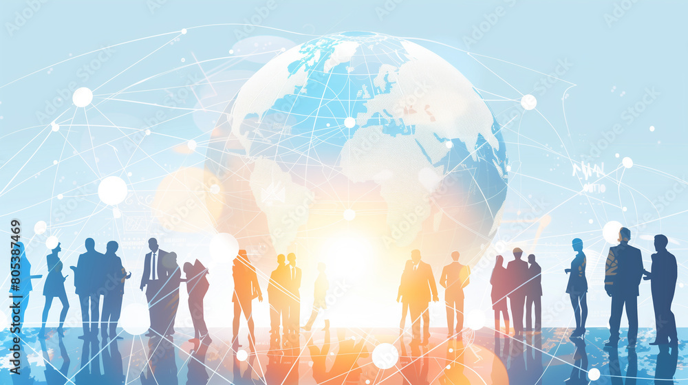 A group of people are standing around a globe, with the sun shining on them. Concept of unity and collaboration, as the people are all connected by the globe and the sun A group of people are standing around a globe, with the sun shining on them. Concept of unity and collaboration, as the people are all connected by the globe and the sun
