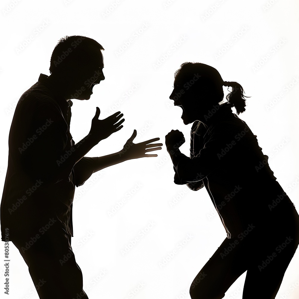 Realistic backlit silhouette of two people acting out a discussion scene with expressive gestures, white background. Couple arguments, divorce