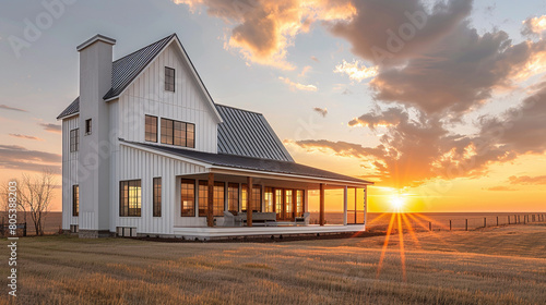 Modern Farmhouse at Sunset with Large Windows and Gable Roof