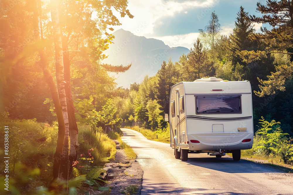 Family road trip travel. Camper van traveling, motorhome on the road through a forest. With copy space.