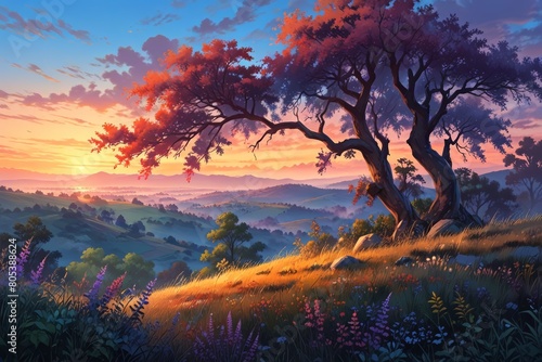 Beautiful anime wallpaper of a calm sunset landscape, featuring trees, mountains, mist, grass, and flowers © AlbertBS