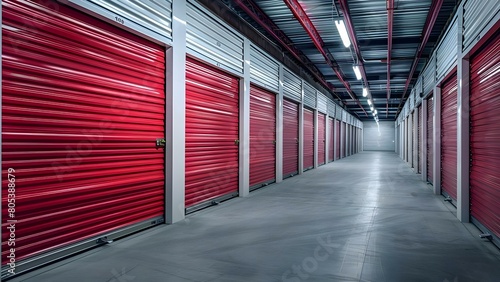 Modern storage facility with a line of red doors clean and organized. Concept Storage Facility, Red Doors, Clean, Organized, Modern photo