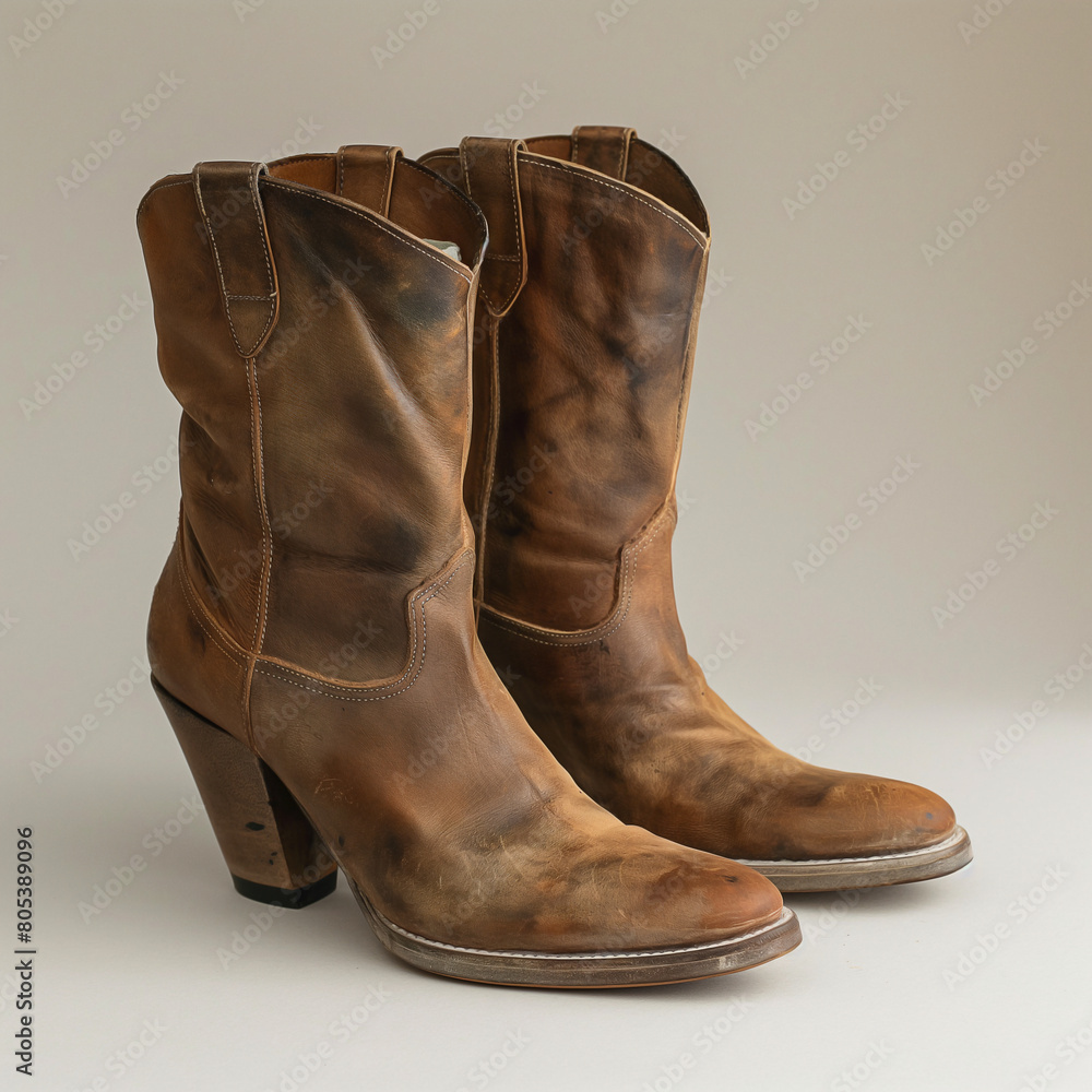 Photoshoot of a weathered brown leather woman short high heels ankle boots Photoshoot of a weathered brown leather woman short high heels ankle boots