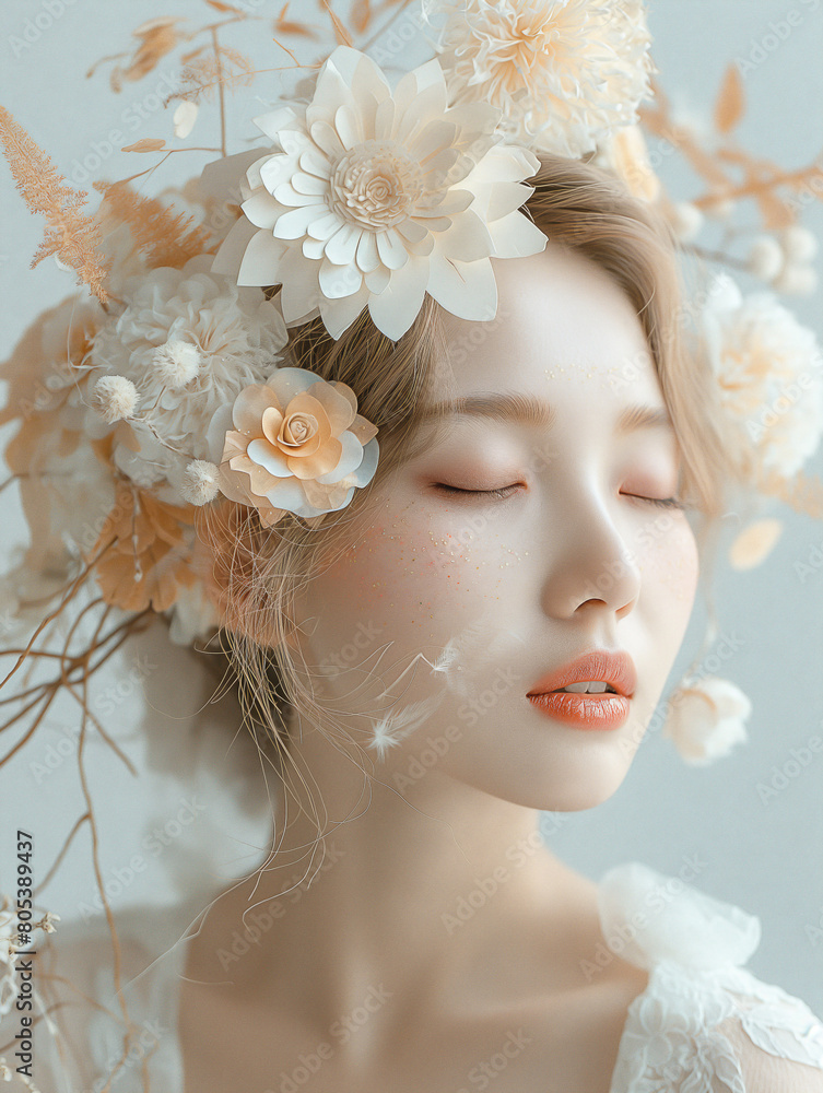 beige hair Asian woman with winter flowers and leaves clean decorated in her hair on an isolated Pastel white background, in the style of paper art. The girl is wearing light makeup and has closed eye beige hair Asian woman with winter flowers and leaves clean decorated in her hair on an isolated Pastel white background, in the style of paper art. The girl is wearing light makeup and has closed eye