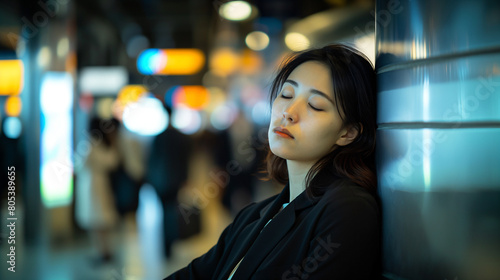 Exhausted Japanese businesswoman in suit slumps against a pillar at a crowded train station