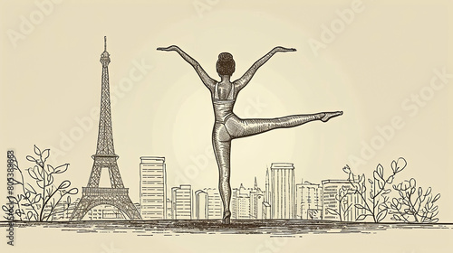 A woman is doing a yoga pose in front of the Eiffel Tower