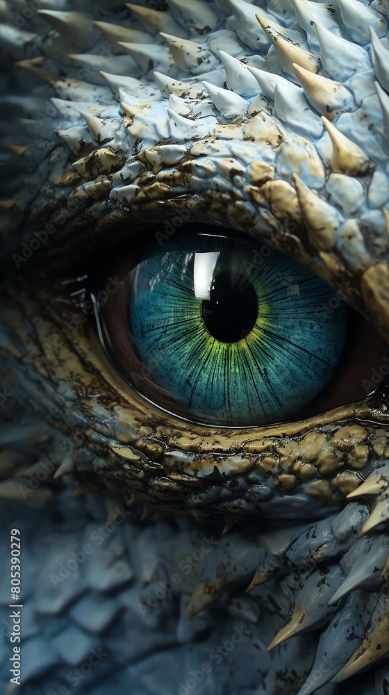 Fototapeta premium Peek into a Dragons introspection in CG 3D rendering, from a unique worms-eye angle Portray its power and majesty with intricate scales and hypnotic eyes