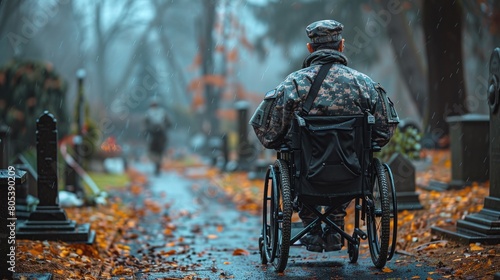 Veteran in wheel chair in a cemetery. Generative AI photo