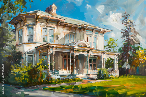 Italianate Style House (Oil Painting) - Originated in the mid-19th century in the United States, characterized by a low-pitched roof, ornate brackets, and tall, narrow windows photo