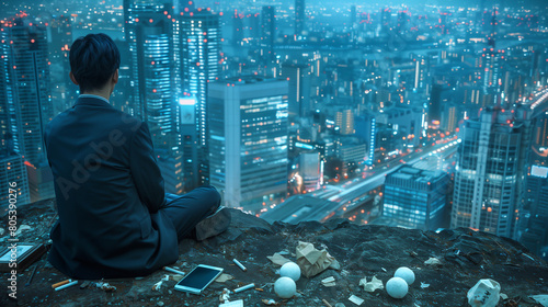 Depressed Japanese businessman in a rumpled suit sits alone on the edge of a high cliff overlooking the sprawling Tokyo cityscape at night