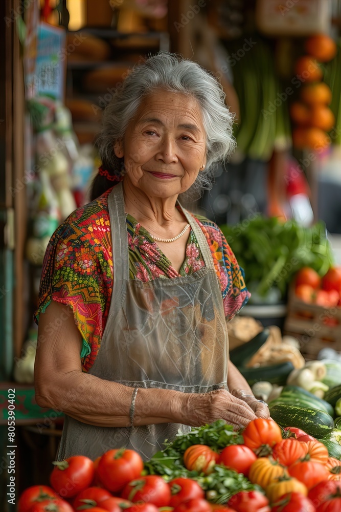 Asian elderly senior woman fruit stall owner stand proudly at her greengrocer fruit stall