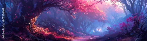 A dreamy landscape featuring a canopy of cherry blossoms in a magical forest