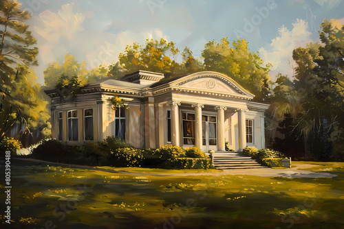 Neo-Classical Style House (Oil Painting) - The late 18th and early 19th century in the United States, characterized by a symmetrical design with columns, pediments, and a central front door photo