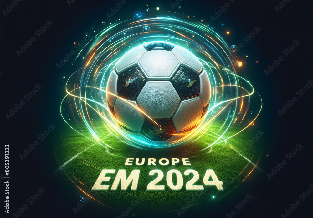 Obraz premium Fußball auf grünem Rasen , der von Lichtspuren umschlungen wird, Aufschrift Europe EM 2024