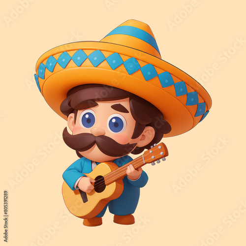 Cute Mustache Man Playing Guitar Wearing Mexican Sombrero Hat Cartoon Illustration (ID: 805391289)