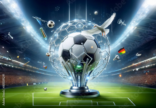 Überdimensionaler Pokal in der Mitte eines Fußballfeldes im Stadion