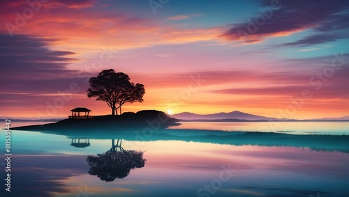 Vector Evening Silhouette Beautiful Colorful Scenery Landscape Illustration Fine Art Background