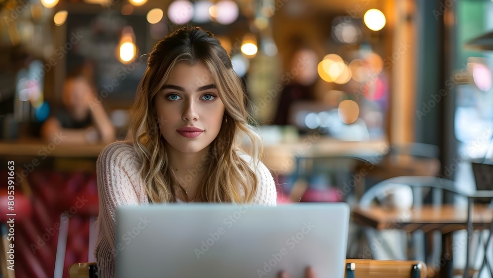 A young woman in a cafe using a laptop and making eye contact with the camera. Concept Portrait Photography, Cafe Setting, Professional Look, Technology Lifestyle, Eye Contact A young woman in a cafe using a laptop and making eye contact with the camera. Concept Portrait Photography, Cafe Setting, Professional Look, Technology Lifestyle, Eye Contact