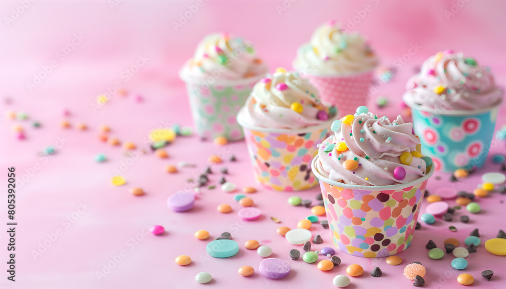 Creative food concept. Soft serve yogurt gelato ice cream in pastel pattern colourful cups on pink background with scattered topping sprinkles, rainbow candies candy chocolate chips. copy text space