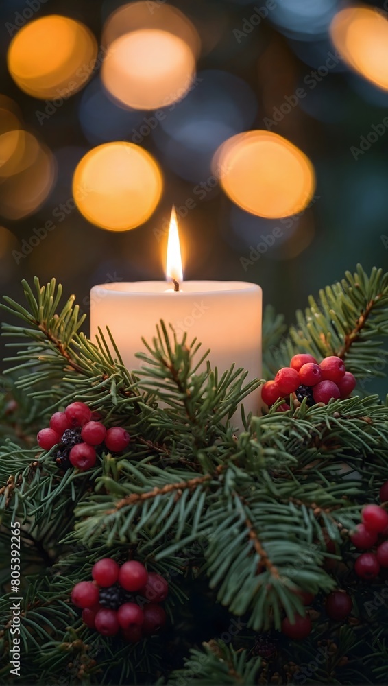 Nature's Glow, Revel in the Intimate Beauty of a Candle's Flame Dancing Amidst Spruce Branches, Casting a Soft Light upon the Delicate Berries.