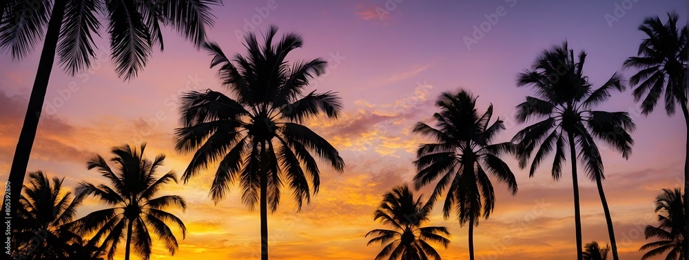 Nature's Masterpiece, Palm Trees in Silhouette Create a Stunning Contrast Against the Radiant Sky at Sunrise or Sunset.