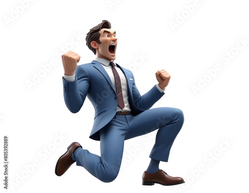 A businessman wearing a suit, jumping excitedly with his fists raised in celebration © nizar