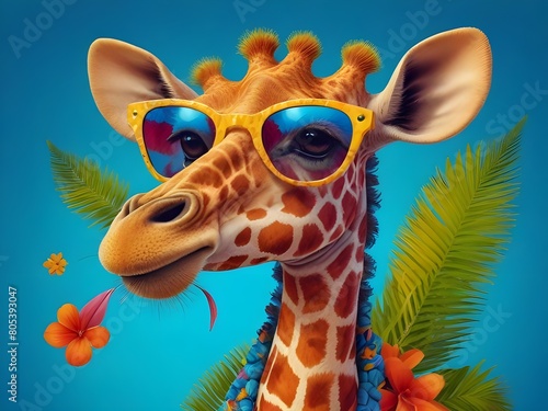 colorful giraffe animal cartoon with sunglasses on beautiful flowers background in illustration