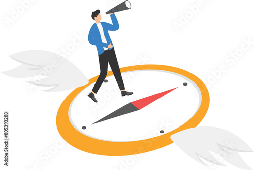 Businessman flying on compass and see the direction, 