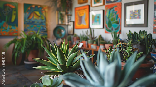 Succulent garden flourishing in a room filled with vibrant artwork  infusing the space with natural charm and tranquility.