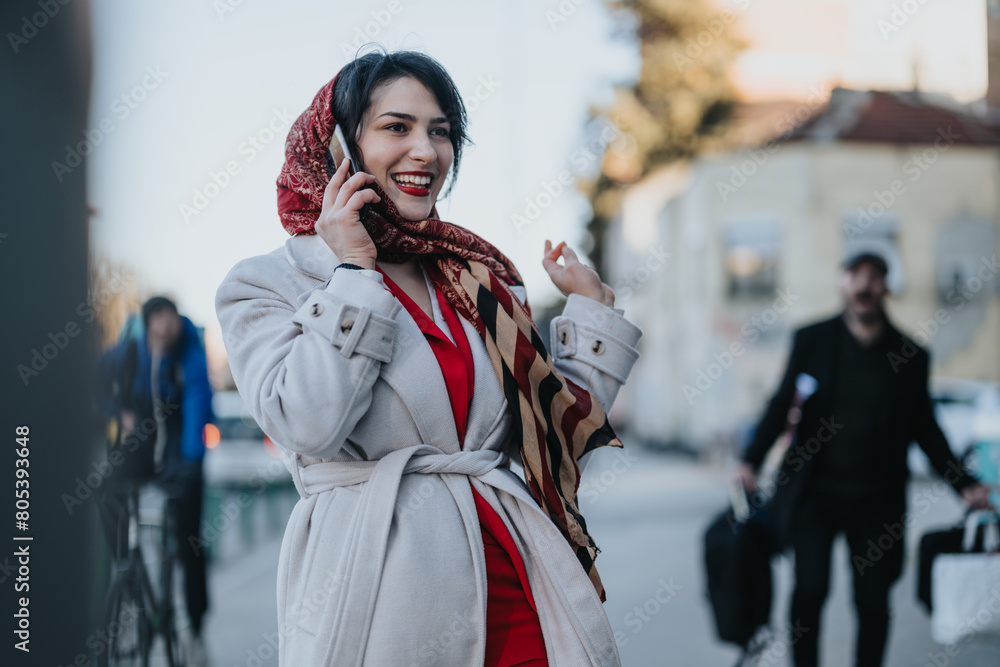 Obraz premium In a bustling city street, a young man burdened with shopping bags approaches a woman who is engrossed in a phone conversation.