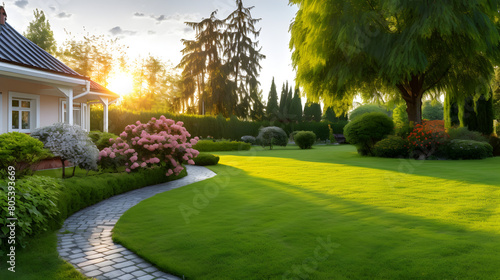 House Garden Images . A path leads to a garden with a tree in the background.Manicured Front Lawn Images 