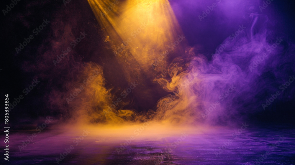 A stage covered in pastel yellow smoke under a deep purple spotlight, giving a gentle, soothing appearance.