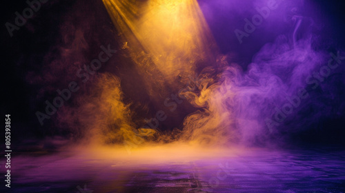 A stage covered in pastel yellow smoke under a deep purple spotlight  giving a gentle  soothing appearance.