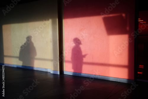 A shadow on the wall, a man watching the departures screen. Silhouettes of people with a reflection on the wall .The shadow of a man on a concrete wall, red in hue. High quality photo