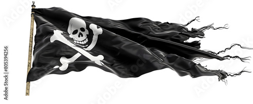 Pirate Legacy Jolly Roger Flag 3d Illustration of Black Pirates tattered roughed Flag old vintage flag waving flag aggressive emblem with skull, grunge vintage design. photo