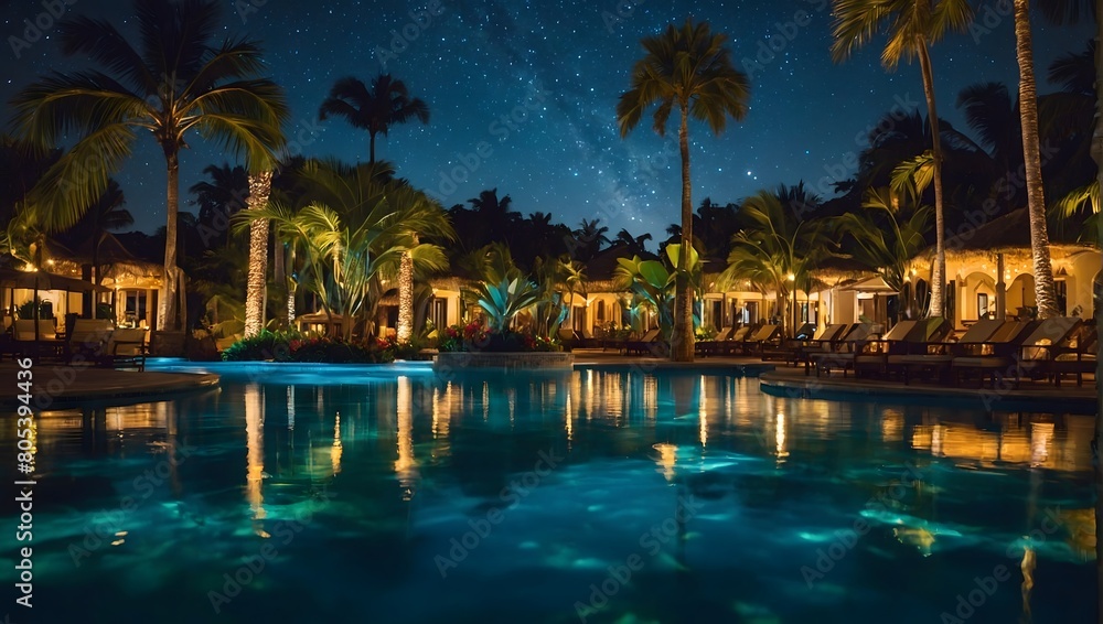Nighttime Oasis, Exploring a Luxurious Tropical Resort Pool Under the Stars.