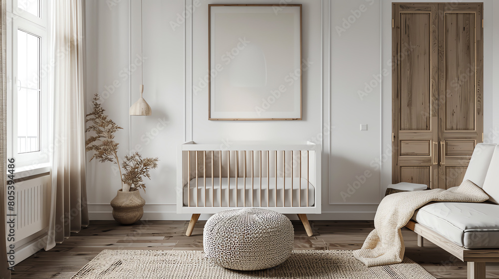 A minimally decorated nursery with a crib, rug, ottoman, and plant. There is a large window and a wooden door. The walls are white and the floor is light brown wood. A minimally decorated nursery with a crib, rug, ottoman, and plant. There is a large window and a wooden door. The walls are white and the floor is light brown wood.