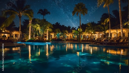 Nighttime Oasis  Exploring a Luxurious Tropical Resort Pool Under the Stars.