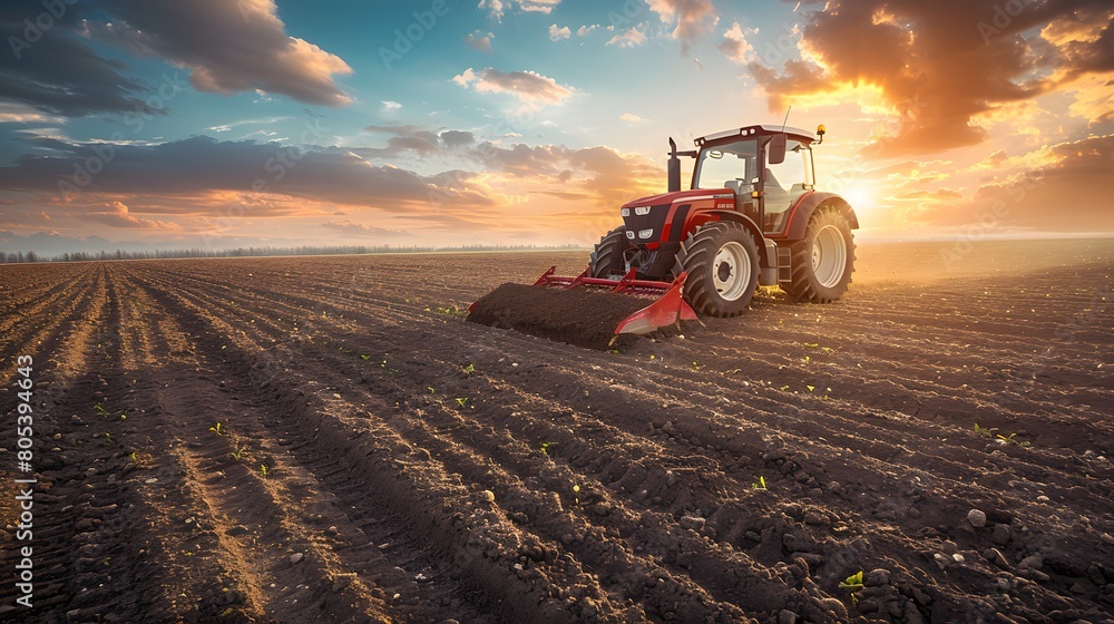 Tractor plowing the field at sunset, agricultural machinery working in the farmland. Tractor plowing the field at sunset, agricultural machinery working in the farmland.