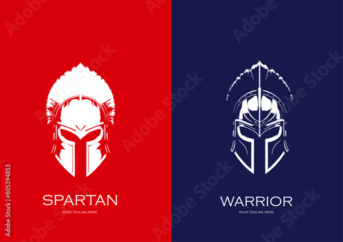 Set of Warriors Helmet Logos with Feathers on Red and Blue Background