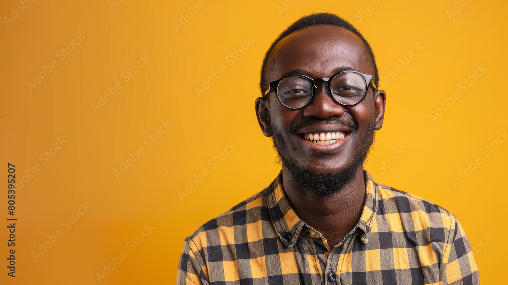 Obraz premium A man with glasses is smiling and wearing a yellow plaid shirt