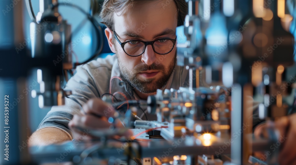 A scientist operating a complex machine in a laboratory, close-up A scientist operating a complex machine in a laboratory, close-up