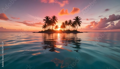 A tropical island with palm trees at sunset  surrounded by a calm ocean with a vibrant orange and pink sky reflecting on the water