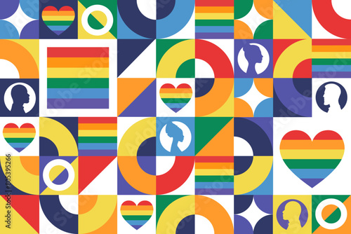 Happy Pride Month. LGBT. June. Seamless geometric pattern. Template for background, banner, card, poster. Vector EPS10 illustration.